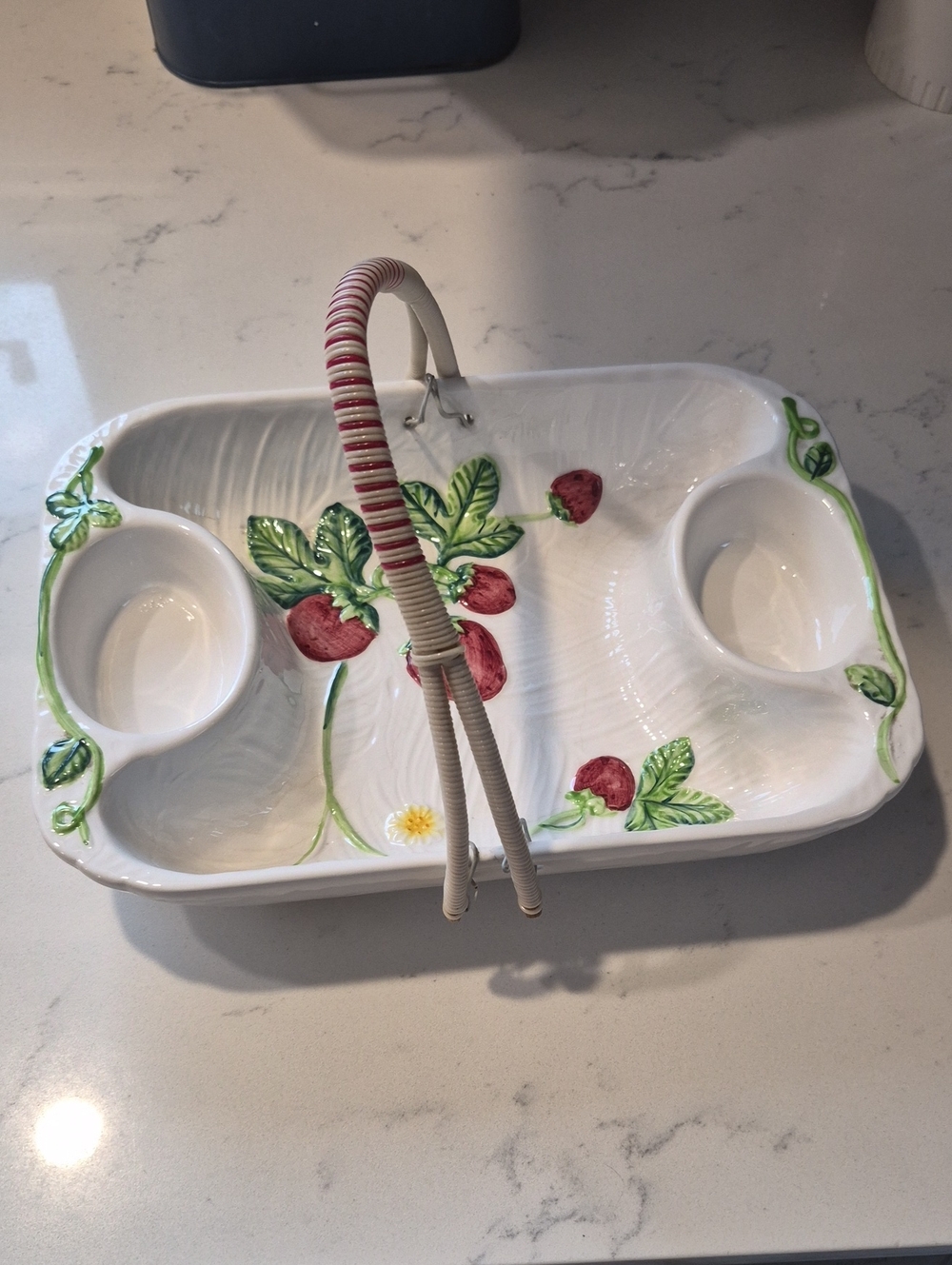 Hand-Painted Ceramic Strawberry Server with Wrapped Handle - White and Red